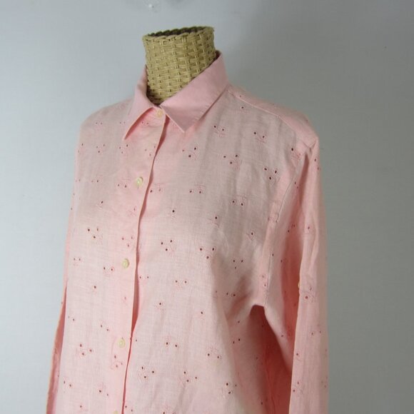 Ralph Lauren Womens Large Pink Linen Eyelet Embroidered Shirt Scallop Hem - Picture 5 of 14